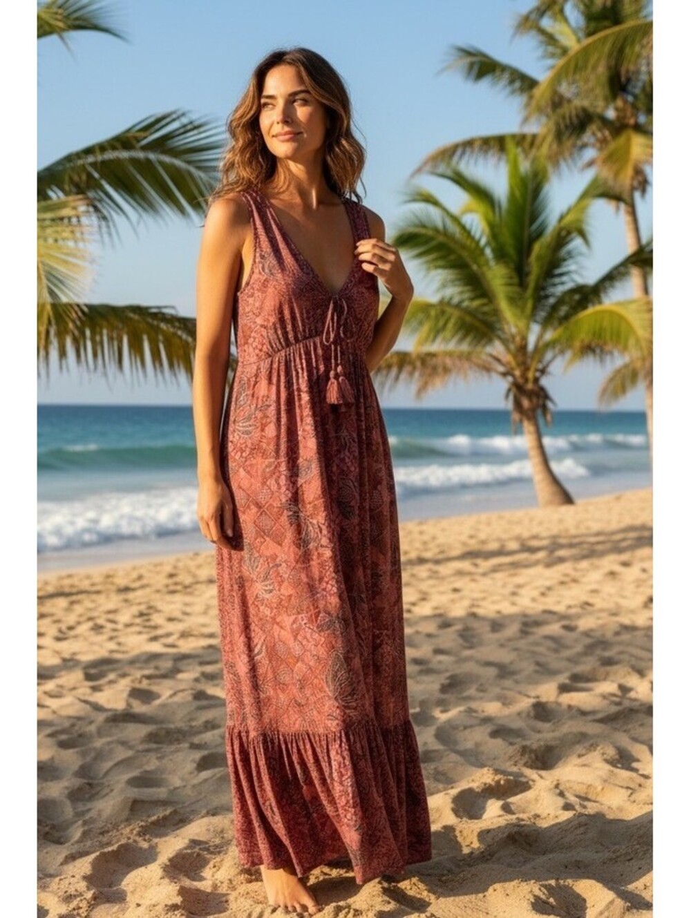 FAHERTY $198 Women’s Eden Floral Ruffle Hem Sleeveless Maxi Dress size XL Brown